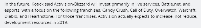 «В будущем, сообщил Котик, Activision Blizzard будет инвестировать в „облачные“ сервисы, Battle.net и киберспорт с прицелом на франшизы, от которых компания ожидает роста расходов на разработку: Candy Crush, Call of Duty, Overwatch, Warcraft, Diablo и Hearthstone.»