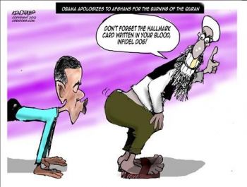 Магомет Обаме: "Не забывай про клеймо, которое у тебя в крови, неверная собака!" Карикатура про извинения Обамы за сожжение Корана.