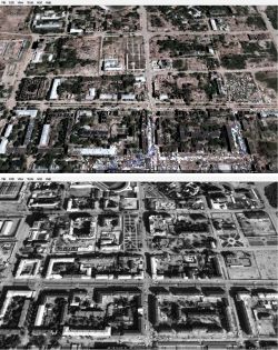 Превращённый в руины Грозный отстроен заново. Центр города в 2002 (сверху) и 2007 гг. Спонсор трансляции — Гугл