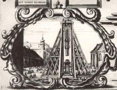 Подъем и установка колонны Сигизмунда, гравюра 1646 год