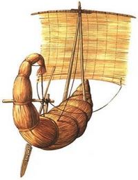 Кошерная реконструкция древнеегипетского тростникового корабля-лодки с тростниковыми же парусами и тростниковыми матросами